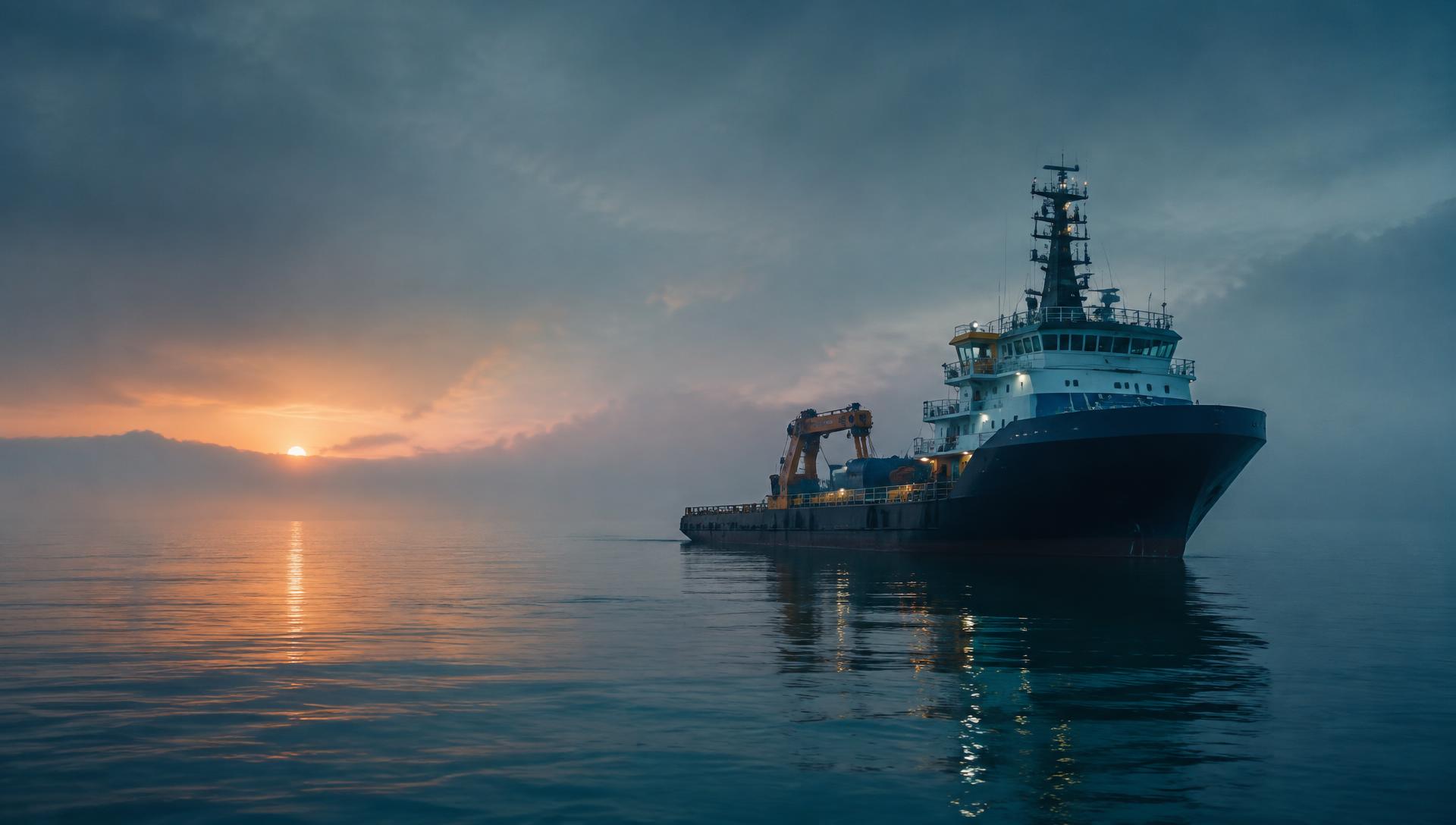 Salvage support vessel holding station offshore at first light